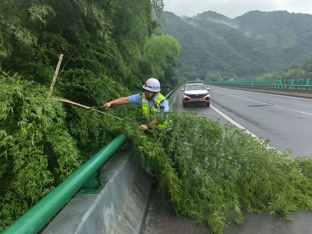 05 臺風(fēng)格美登陸在即，7月26日 六安西中心管控部巡路員柴夢麒清理侵占路面的毛竹(1).png